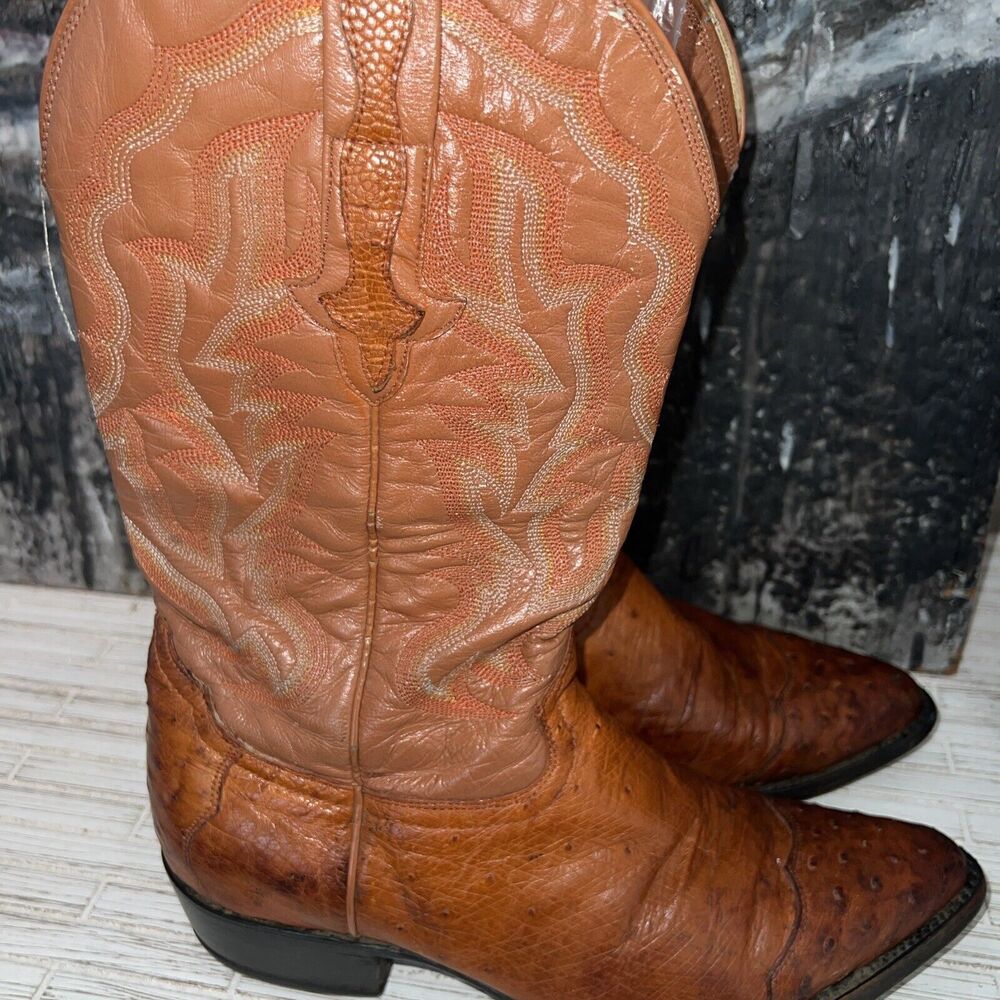 Rodeo Bravo Ostrich Embossed Cowboy Boots Brown Caramel  Low Heel Exotic SZ 27/8